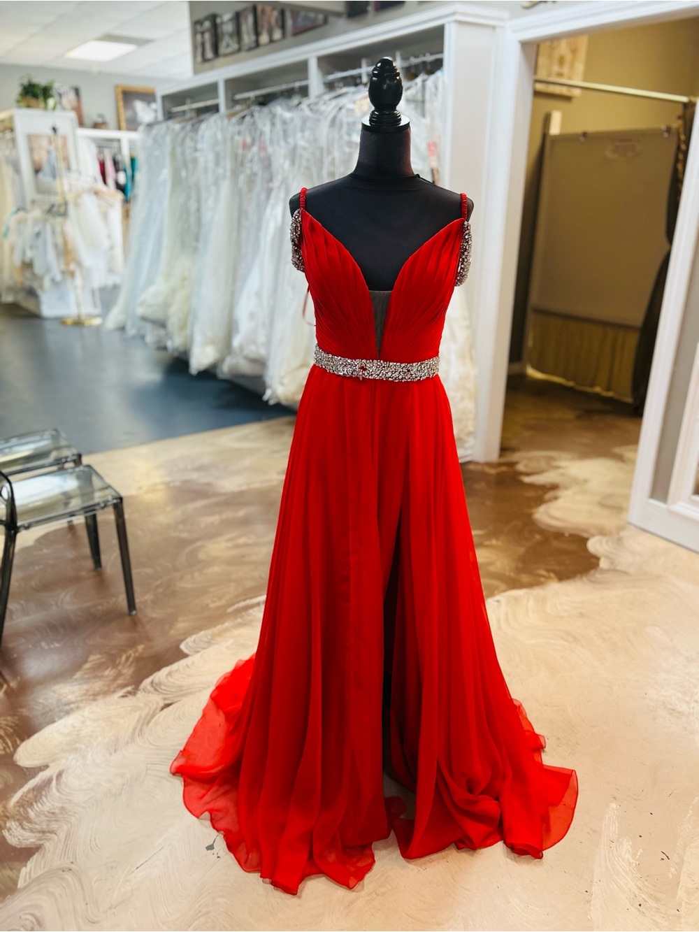 Jovani Red Chiffon Prom Gown with Crystal Waist